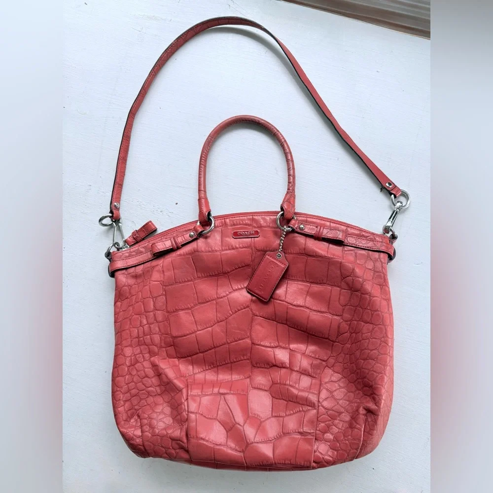 COACH Madison Crocodile Embossed Lindsey Satchel Coral Leather